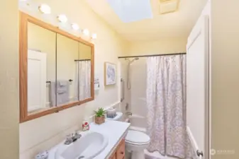 Full bathroom with skylight and lots of storage space