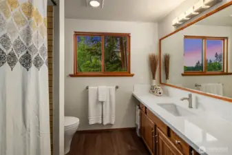 The upstairs main bath has new quartz countertops and tile backsplash.