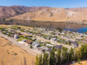 Aerial view of home and neighborhood overlooking the Columbia River.