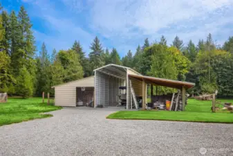 Wood Shed, Covered Parking and stalls with adjoining pasture