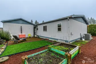 Backyard with raised planting beds