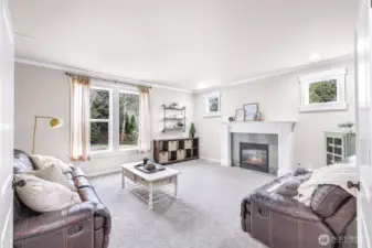 Family room downstairs with gas fireplace