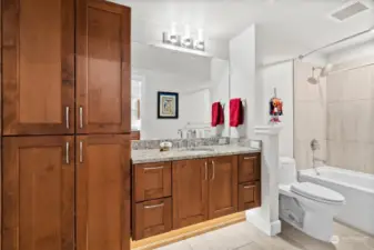 Second full bath with Quartz counters & lots of storage space