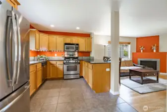 View of kitchen and living room from kitchen eating area