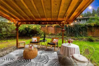 Covered rear patio is lighted and perfect for morning coffee or late night relaxation.