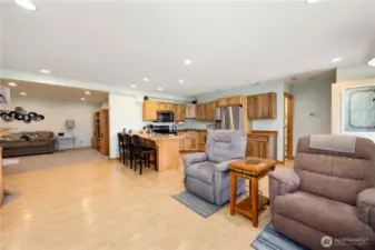 Looking from common area windows into kitchen and living room.