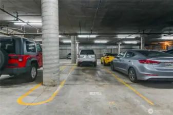Reserved parking spot in secure garage.