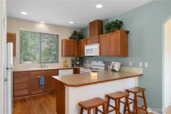 Kitchen with new dishwasher installed in July, hardwood floors and pantry.