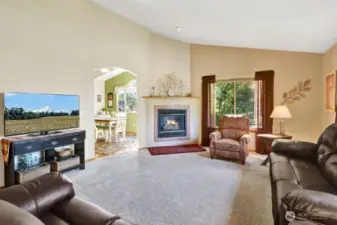 Entryway into living room with gas fireplace