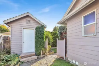Storage shed in backyard.