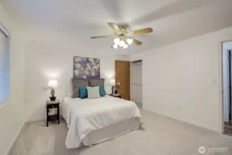 One closet is by the bedside and the other at the foot of the bed by the bathroom.New carpet in all the bedrooms.