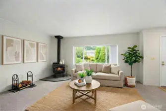 An alternate view of the space. Your wood burning fireplace provides warmth and ambience. This space lies directly between the main living space, kitchen, and primary, and the additional bedrooms on the other side of the home. Photo is virtually staged.