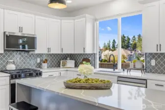 Quartz Counter and Glass Tile Backsplash