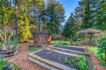 The expansive fenced garden includes a storage shed, water from the well plus a catchment tank, storage shed, raised beds, 6 types of fruit trees and two types of berry plants.