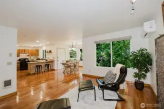 Open concept family room, dining room and kitchen