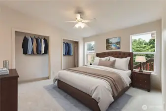 View of big virtually staged primary bedroom