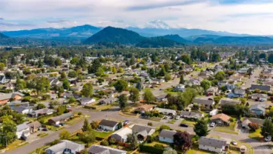 Aerial with views of surrounding mountains