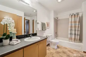 The full bathroom connects to both the bedroom and the living space, for ease of daily life.