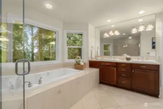 5 Piece Primary ensuite with jetted soaking tub, glass shower, dual sinks, and walk-in closet.