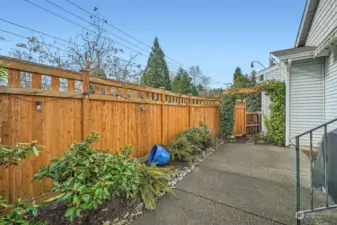 side yard off of kitchen has a plumbed in BBQ grill and flows to private backyard area