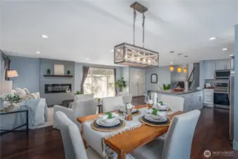 The dining room flows seamlessly into adjoining spaces.