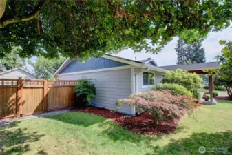 Front side yard and access to backyard behind fence.