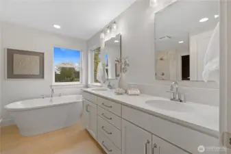 Luxurious primary, spa inspired bath.