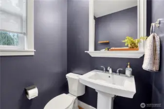 The powder room makes a bold statement in its original navy blue, beautifully contrasted by crisp white fixtures.