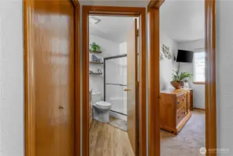 Leading into bathroom