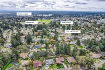 View to the South: Hudtloff Middle School/Field, Steilacoom Lake (public access at Edgewater park) and just a couple blocks away, the Oakbrook Swim & Tennis club