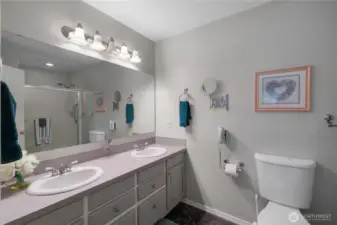 Primary bathroom with walk-in shower... has a closet also.