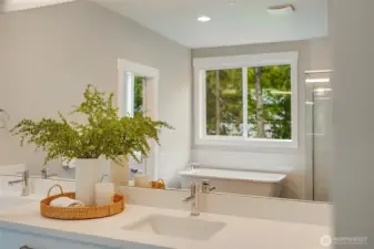 Primary bath features dual sinks, freestanding tub, large glass shower, and direct access to a spacious walk-in closet.