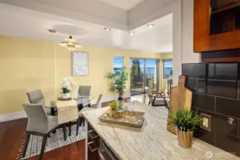 Kitchen with serving bar and dining room