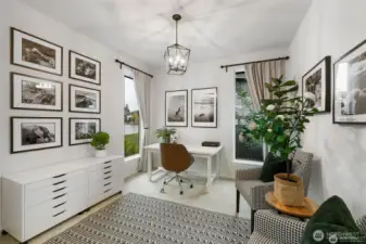 Step into a stunning, multipurpose room. that effortlessly transitions between an office and a den. Bathed in a soothing, neutral palette, the space radiates elegance. Large windows infuse the room with natural light....