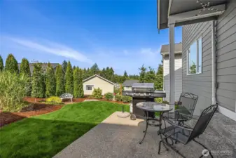 Backyard features a lush and level lawn space