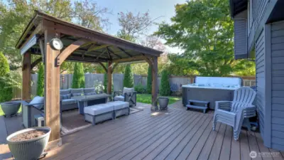 From shaded lounging to bubbling spa comfort, this backyard has it all.