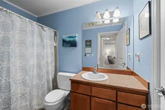The bathroom has storage and counter space.