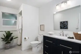 Newly updated lower-level bath has beautiful modern touches with new custom vanity and LVP tile flooring! This bathroom has a calm and serene feel! So hard to get 3 showers in a home, so this is awesome amenity!