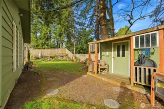The backyard storage shed is amazing to keep everything organized.