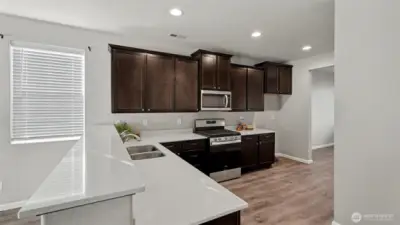 A true chef’s paradise showcasing beautiful quartz countertops, stainless steel appliances, and a highly functional design.
