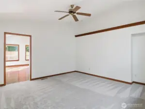 FAMILY RM with Bonus Rm on Left. Recessed Shelf & Book Niche. Ceiling Fan & Vaulted Ceiling.