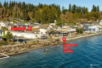 A closer look at Cascade View's beach, community boat launch and boathouse.