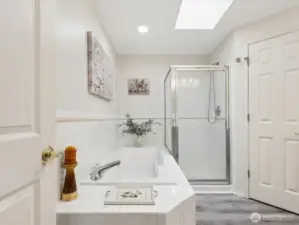 Sumptuous 5-pc Bath with soaking Tub & separate Shower, dual vanity & lovely floors.