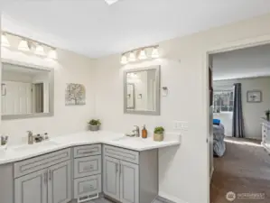 Sumptuous 5-pc Bath with soaking Tub & separate Shower, dual vanity & lovely floors.
