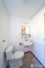 Basement 3/4 bath. You can see a bit of the shower in the mirror.