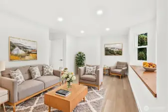 Den, featuring bay window with window bench storage. Luxury vinyl plank flooring, fresh paint, solid wood, single-panel white shaker doors with full wood craftsman bungalow casing craftsman trim, and adjustable canless lighting throughout the home.