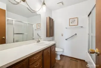 Hall bath with large vanity, vintage light, shower/tub combo. New flooring and mirror.