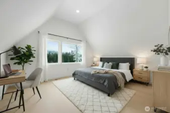 Virtually staged secondary bedroom (1 of 2) on upper level