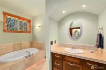 Separate vanities, garden tub