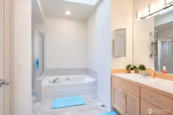 Soaking tub, double vanity and walk in closet.